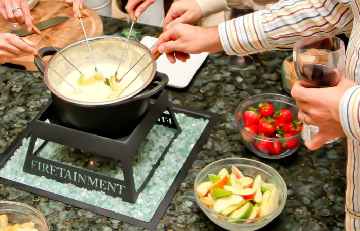 #caption-2 Delicious Cheese Fondue Around Your Firetainment Fire Table!